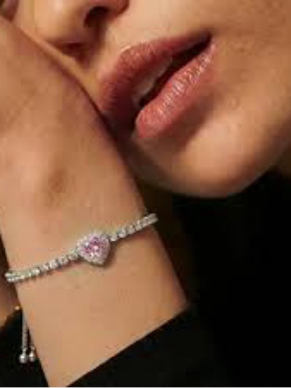 Silver White Gold Plated with Pink Heart Adjustable Bracelet